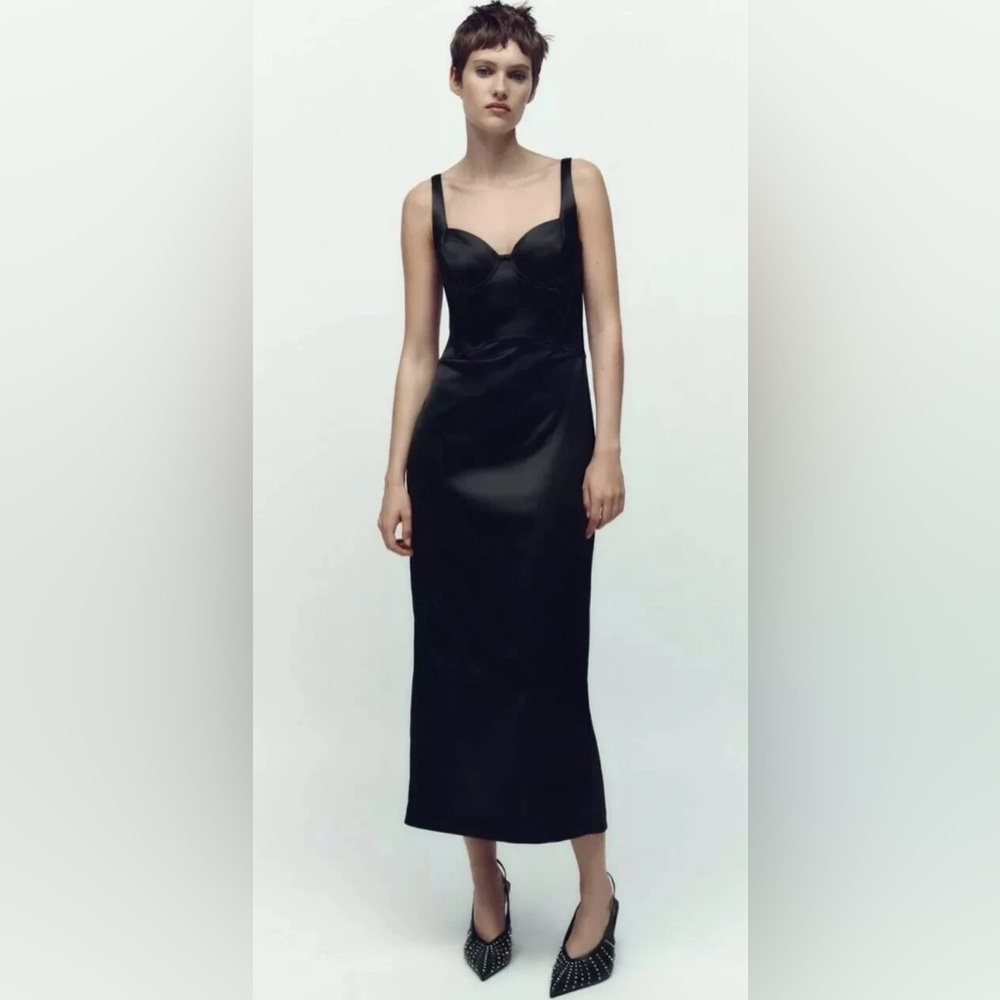 Zara Black Satin Slim Slip Midi Dress